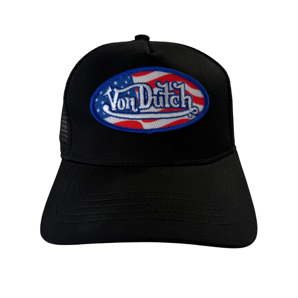 Von Dutch Black Trucker Hat American Flag Patch Mesh Snapback Cap NEW